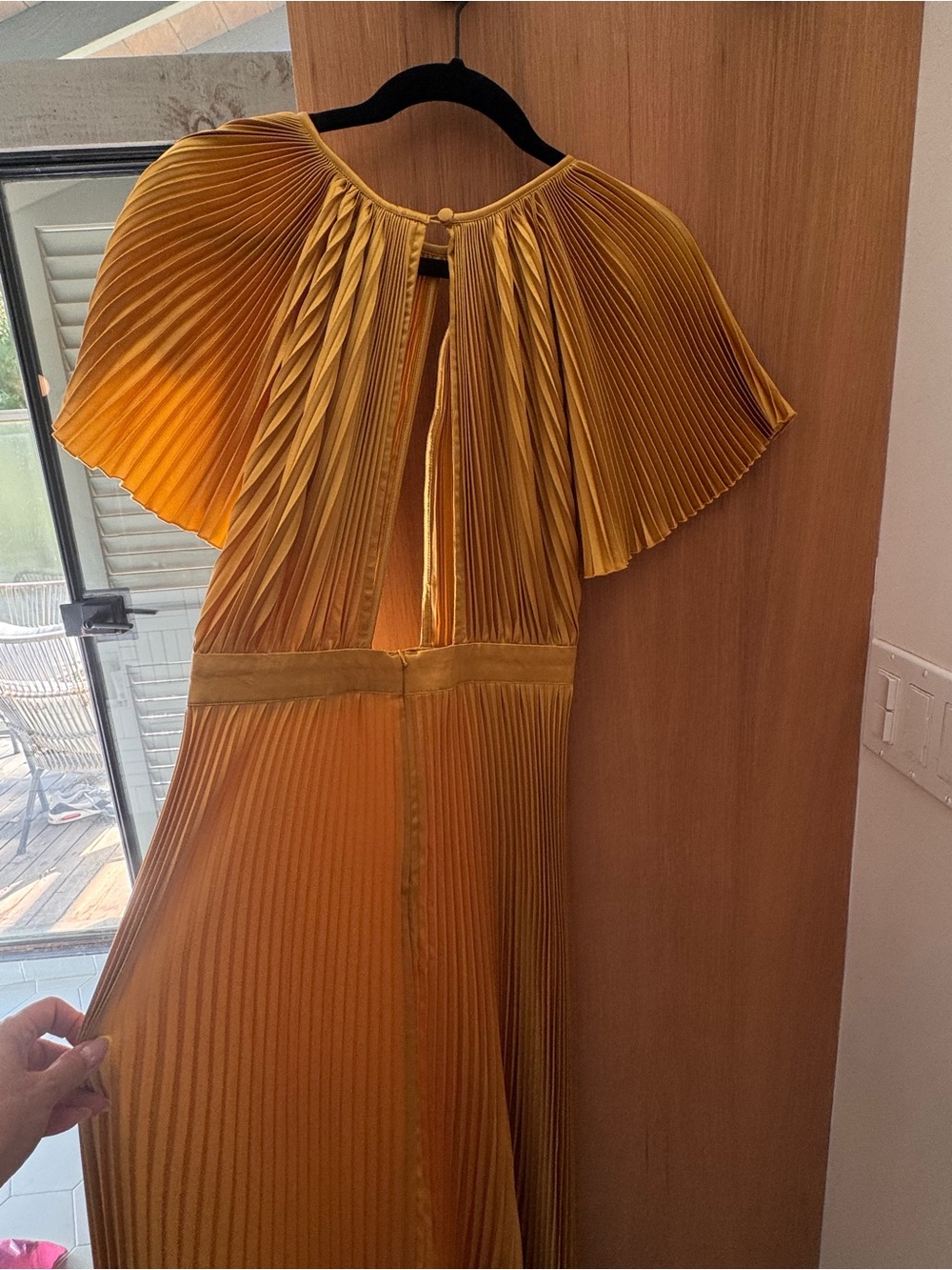 Gold Pleated Maxi Dress with Flutter Sleeves - Picture 8 of 8